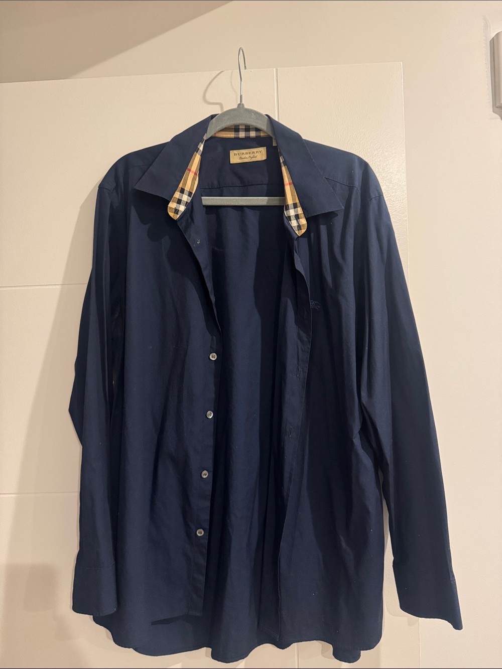 Burberry Navy Button-Front Shirt with Signature Check Trim